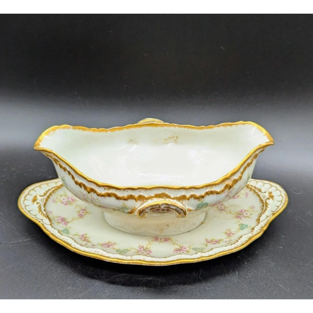 Antique Haviland Limoges Schleiger 844 Gravy Sauce Boat W Attached Underplate 9